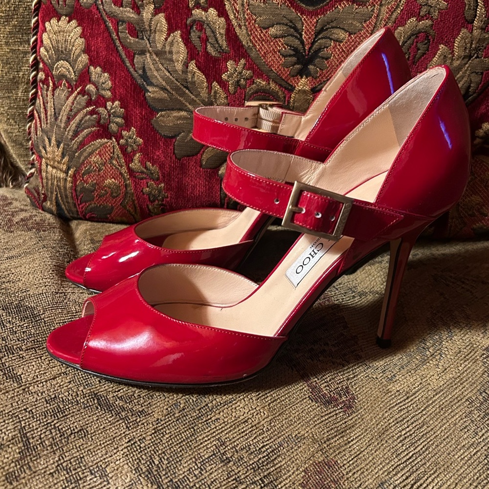 Authentic Jimmy Choo Red Patent Leather Pump
Heel Sandal Size 39